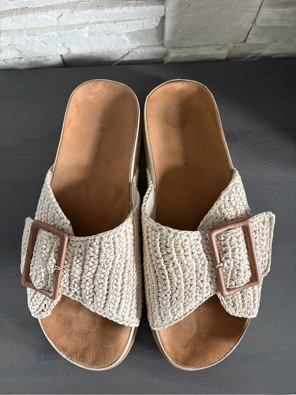 Kelsi Dagger Cream Woven Slide Sandals with Brown Buckle